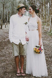 Simple A-Line White Open Back Jewel Sleeveless Floor-Length Lace Top Halter Wedding Dress