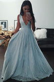 Light Blue A Line Floor Length V-neck Elegant Beading Prom Dresses