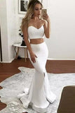 Ivory Mermaid Sweetheart Satin Two Pieces Slit Floor-length Draped Prom Dresses