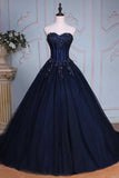 Navy Blue Ball Gown Court Train Sweetheart Strapless Lace Up Beading Prom Dresses