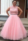 Pink A Line Floor Length Sleeveless High Neck Tulle Appliques Plus Size Prom Dresses