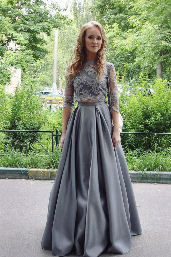 Gray Two Piece A Line Floor Length 3/4 Sleeve Lace Prom Dresses