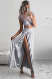 Light Lavender Two Piece A Line Floor Length Capped Sleeve Side Slit Long Prom Dresses