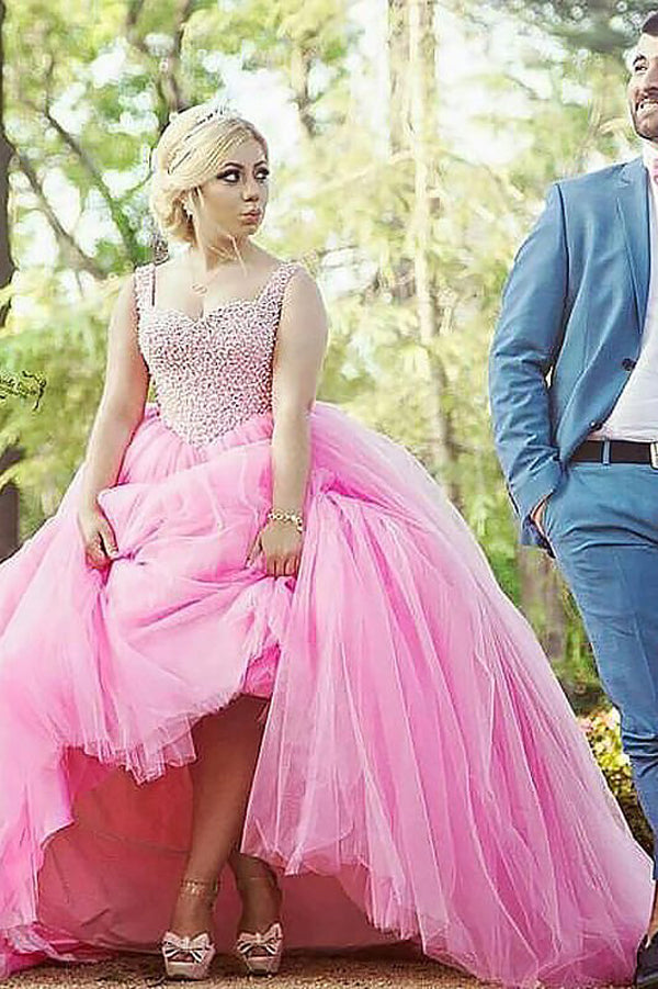 Pink A Line Brush Train Sweetheart Sleeveless Layers Tulle Beading Plus Size Prom Dresses