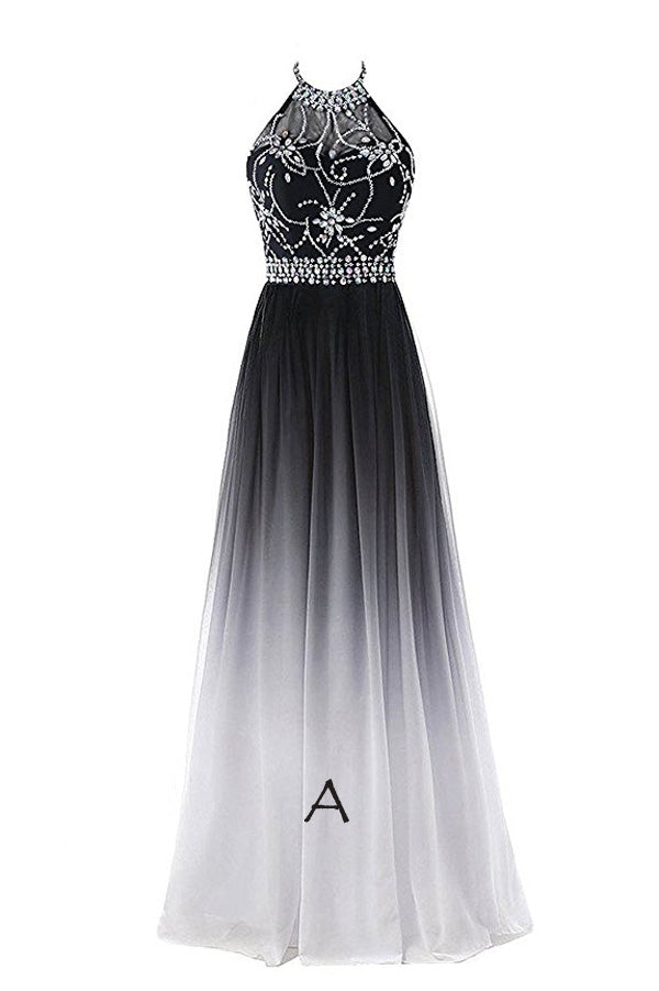Elegant Black And White Ombre Chiffon A Line Backless Halter Beading Lace Up Long Prom Dresses