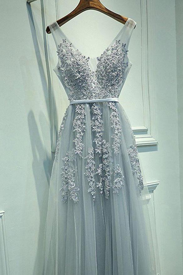 Blush A-Line V-Neck Sleeveless Gray Zipper Appliques Party Dress Prom Dresses