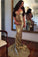 Sequin Mermaid Long Gold Sexy Deep V-Neck Spaghetti Strap Backless Sparkly Prom Dresses