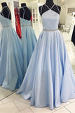 Blue A Line Floor Length Halter Sleeveless Backless Beading Prom Dresses