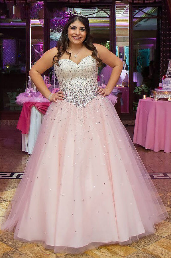 Pink A Line Floor Length Sweetheart Strapless Sleeveless Beading Plus Size Prom Dresses