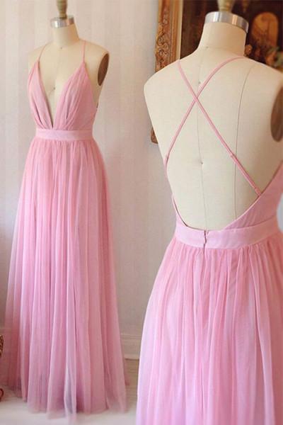 Pink chiffon V-neck cross back long prom dress summer