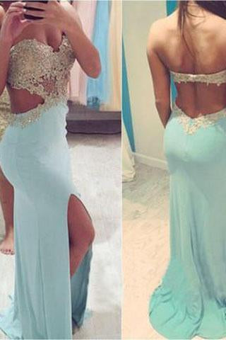 Sexy Slit Long Sweetheart Backless Strapless Green Mermaid Beads Prom Dresses