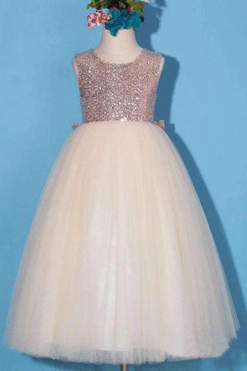 Princess Gold Sequin Shiny Round Neck Flower Girl Dresses with Bowknot, Baby Dresses STK15589