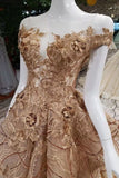 2024 Gold Lace Prom Dresses Lace Up With Appliques Off PZL2MLF5