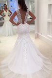2024 Tulle Wedding Dresses Mermaid V Neck With Applique PC3XKJFD