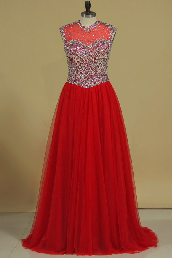 2024 V Neck Beaded Bodice Tulle Prom Dresses A Line PCH5BAAL