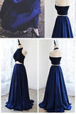 Newest Halter A-Line Two Piece Simple Navy Blue Satin Backless Sleeveless Evening Dresses