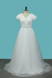 2024 Short Sleeves V Neck Wedding Dresses Tulle & PE1B6ATA