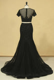2024 Black Two Pieces Scoop Short Sleeves Mermaid Prom Dresses With Beading PGR6FJAL
