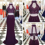 Beading Appliques Halter Stretch Satin Two Pieces Prom Dresses