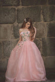 Princess Ball Gown Sweetheart Pink One Shoulder Prom Dresses, Quinceanera Dresses STK15296