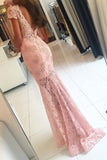 2024 V Neck Short Sleeves Prom Dresses Mermaid Lace With Applique P69CR48R