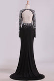 2024 Open Back Long Sleeves With Beading And Slit Prom Dresses Sweep Train P2ZXHL4Y