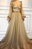 Elegant 3D Flowers Long Sleeve Prom Dresses Golden Rhinestone Evening Dresses STK15143
