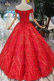 Red Off The Shoulder Lace Appliques Beads with Lace up Prom Dress Quinceanera Dresses