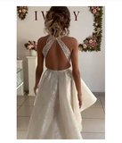 Unique Ivory Halter High Low Homecoming Dresses with Lace Short Prom Dresses