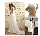 A-Line V-Neck Floor Length Backless Chiffon Tulle Wedding Dress with Handmade Flower