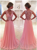 Gorgeous Pink Lace Long Sweetheart Cap Sleeve A-Line Beads Chiffon Prom Dresses