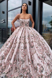 Princess Ball Gown Spaghetti Straps Beads Floral Print Prom Dresses Long Quinceanera Dress STK15294