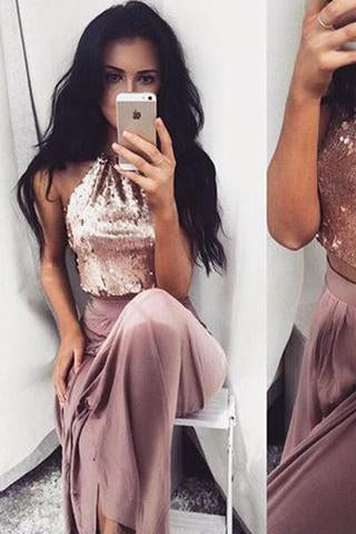 Sexy Two Pieces Shinny Sequin Long A-line Halter Prom Dresses