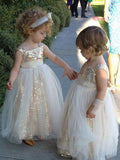Cute Glitter A Line Gold Sequins Tulle Flower Girl Dresses, Little Girl Dresses STK15573