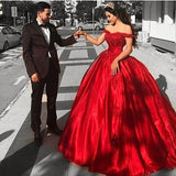 Stunning Off Shoulder Red Satin Lace Prom Dresses Ball Gowns with Appliques