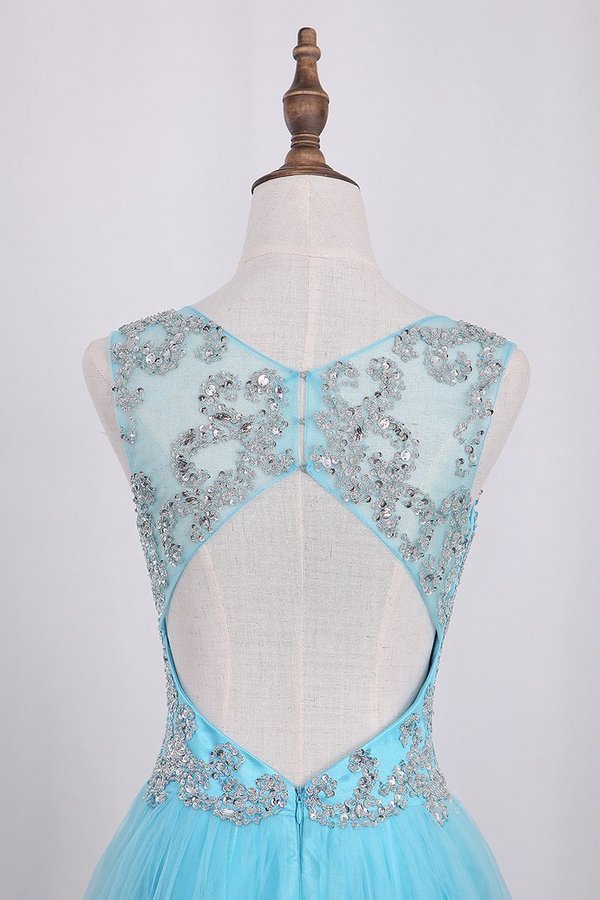 2024 V Neck Open Back A Line With Beading Tulle PRXEAHSJ