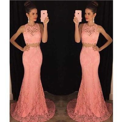 Two Piece Lace Mermaid Peach Long Sexy Sleeveless Prom Dresses