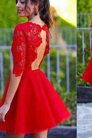 Blush red half sleeve see through lace open back charming homecoming prom gown dress