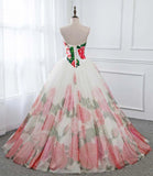 Ball Gown Floral Satin Long Tulle Evening Dresses with Lace up, Sweetheart Red Prom Dresses STK15057