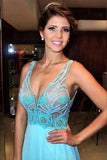 V-Neck Real Made Beading Charming Long Sleeveless A-Line Backless Prom Dresses