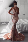 Sexy Rose Gold Sequins Mermaid Long Prom Dresses Spaghetti Straps Backless Party Dresses STK15349