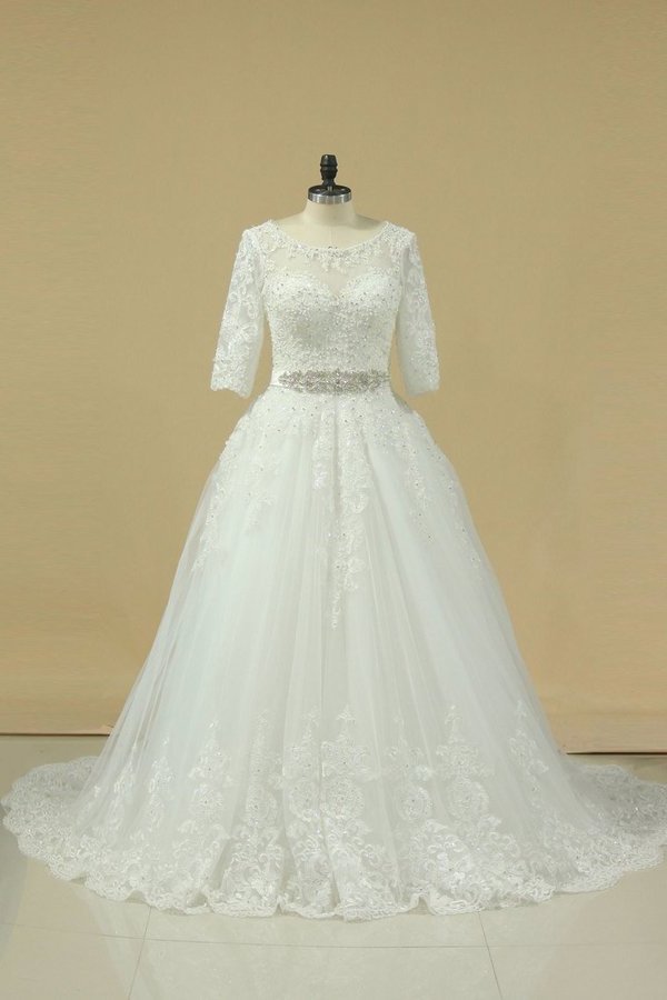 2022 Scoop Mid-Length Sleeves Wedding Dresses A Line Tulle With Applique PP1XQ7YL