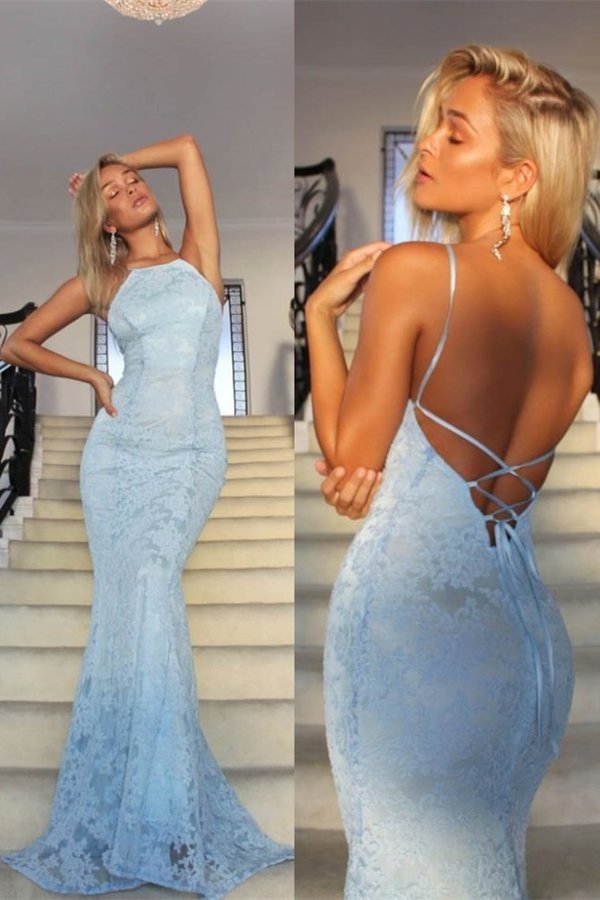 2022 Sexy Open Back Spaghetti Straps Prom Dresses Mermaid PF9K1X3N