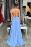 Blue A Line Floor Length Spaghetti Sleeveless Backless Side Slit Long Prom Dresses