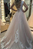 Pink A Line Sweep Train Sleeveless Mid Back Lace Up Appliques Long Prom Dresses