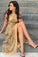 Golden A Line Floor Length Long Sleeve Lace Side Slit Prom Dresses