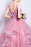 Pink Ball Gown Floor Length Scoop Neck Sleeveless Appliques Ruffles Long Prom Dresses