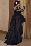 Black A Line Asymmetrical Long Sleeves Scoop Satin Appliques Plus Size Prom Dresses