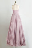 Pink A Line Floor Length Sheer Neck Sleeveless Sheer Back Long Prom Dresses