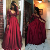 Burgundy A Line Floor Length V Neck Long Sleeve Lace Plus Size Prom Dresses